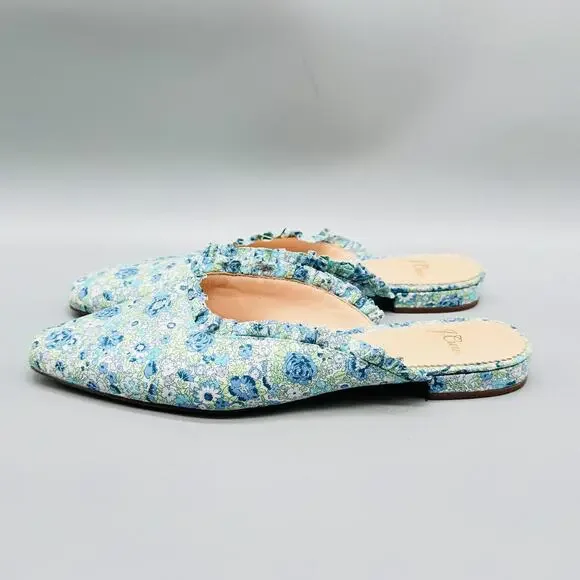 J Crew Shoes Women 8 Blue Green Floral Ruffle Trim Mule Flat Pointed Toe Slip On - Picture 5 of 12